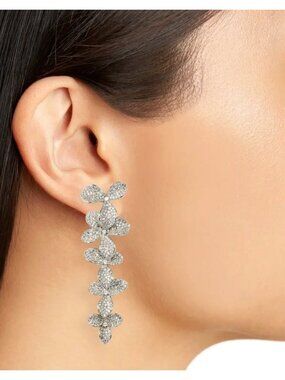 NWB Sashi Lilliana Cascading Floral Silver CZ Drop Pierced Earrings 2.25" $187